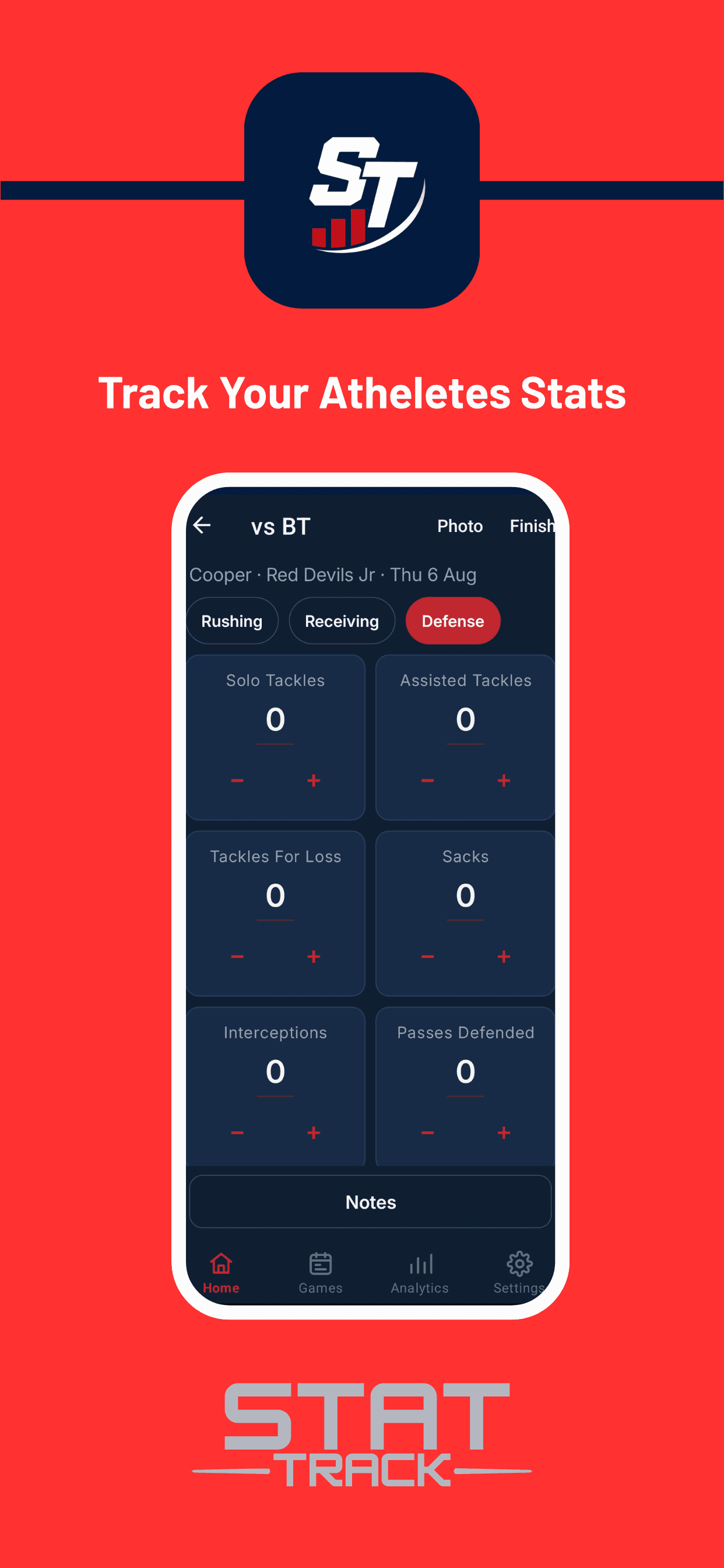 A StatTrack game in progress, with tap-to-count tiles for solo tackles, assisted tackles, sacks and interceptions.
