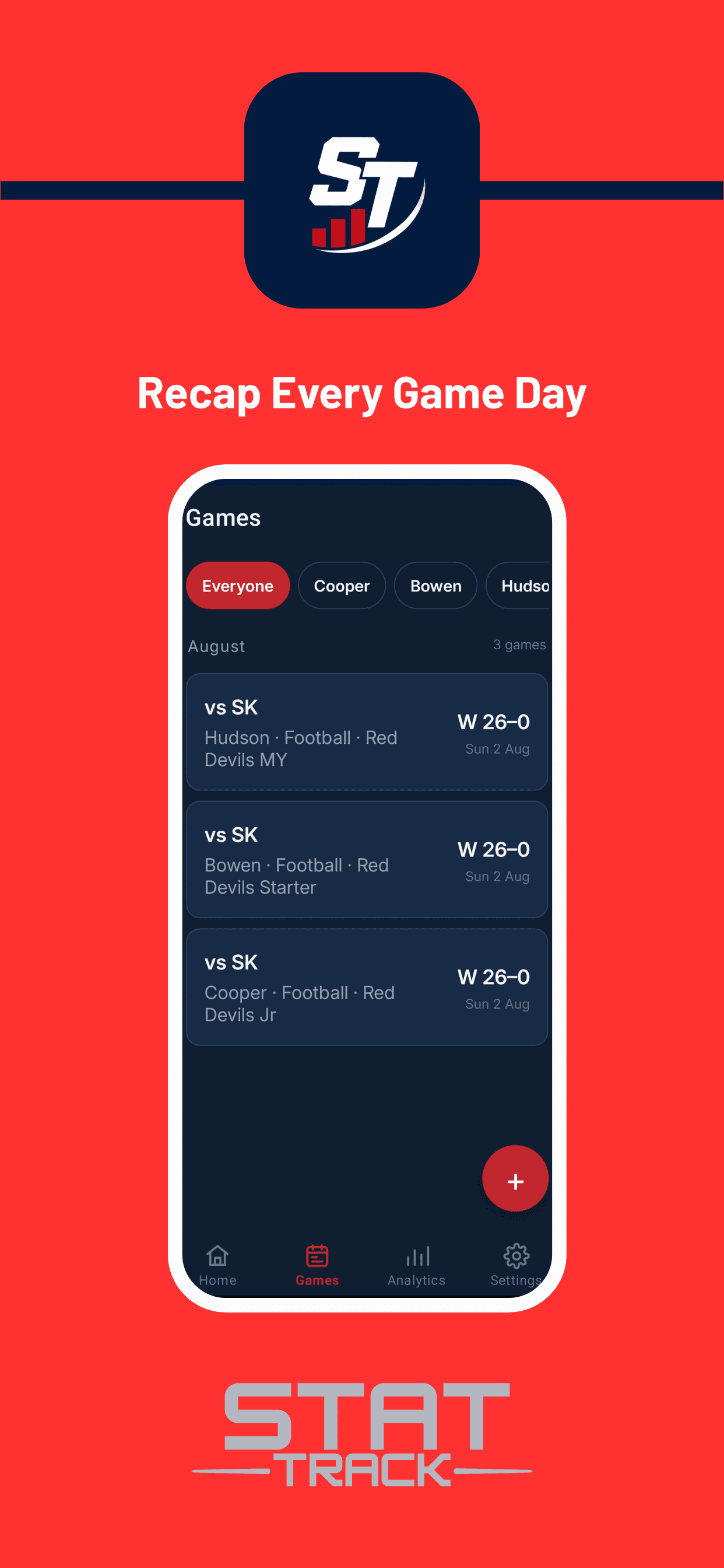 The games list filtered by athlete, showing three football games with scores and dates.